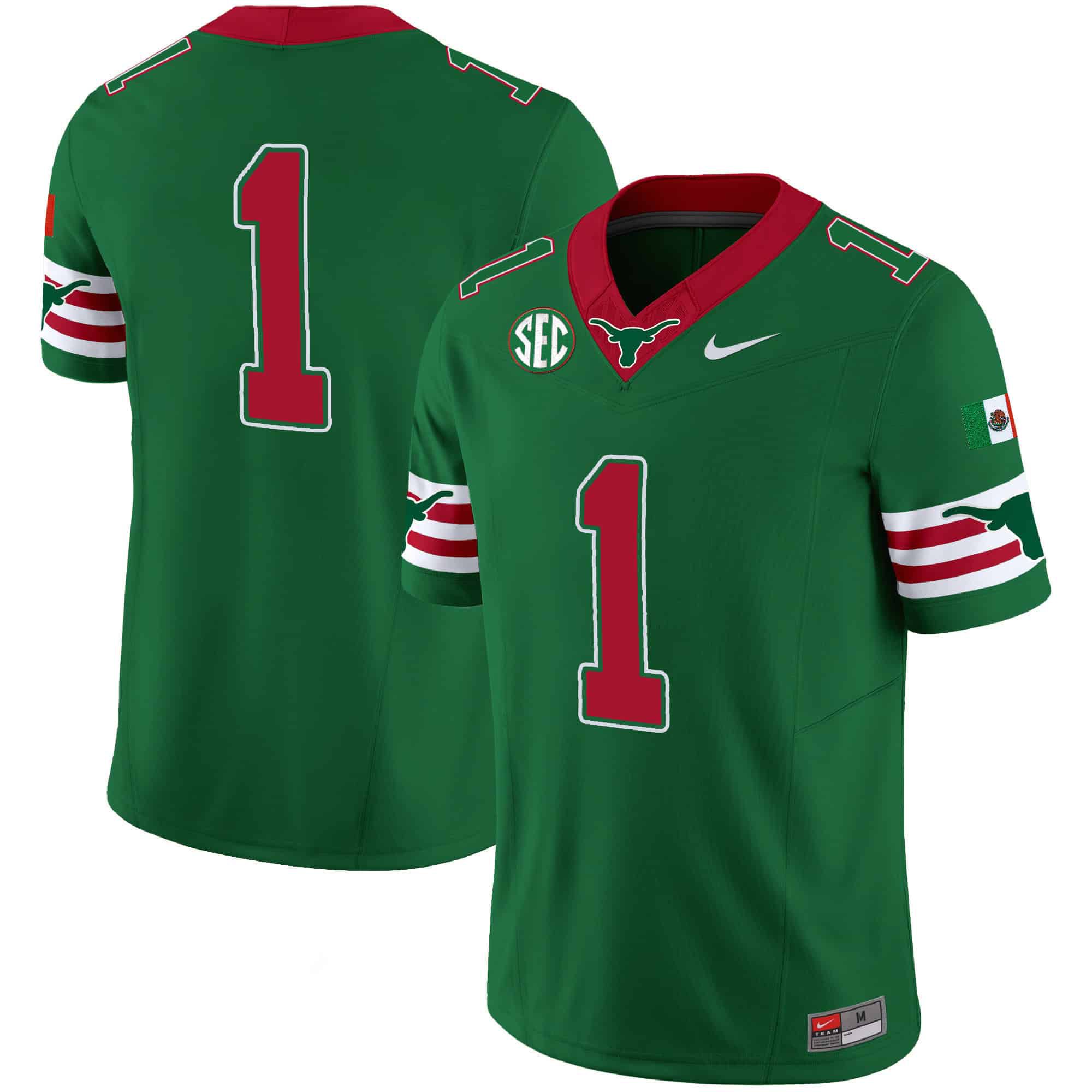 Men Texas Longhorns #1 No Name Green 2024 Nike Mexico SEC Patch Vapor NCAA Jersey
